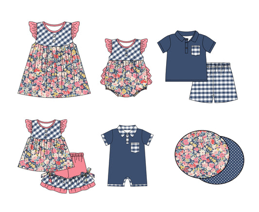 11.2 custom each style moq 5eta 4-6week Sibling Sister floral baby girl short sleeve shorts sets and briefs sets 2 and girls romper and boy romper and dress match design