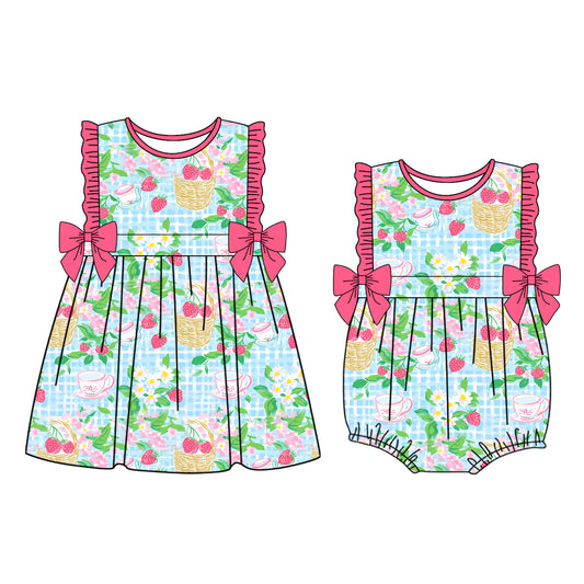 25.11.11 custom each style moq 5 eta 6-8week Sibling Sister strawberry floral baby short sleeve romper and dress match design