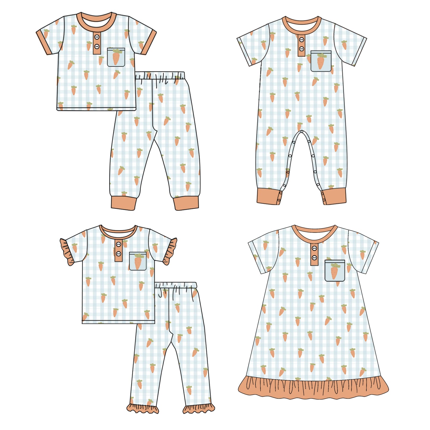 25.9.26 custom each style moq 8 eta 6-8week Sibling Sister carrot baby short sleeve pants sets 2 and romper and dress match design