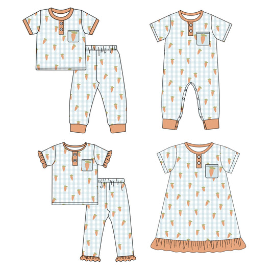 25.9.26 custom each style moq 8 eta 6-8week Sibling Sister carrot baby short sleeve pants sets 2 and romper and dress match design