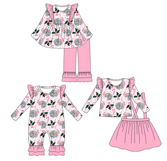 25.6.4 custom each style moq 5eta 4-6week Sibling Sisters Christmas trees bow pink baby girl long sleeve pants sets and dress and rompers match family design