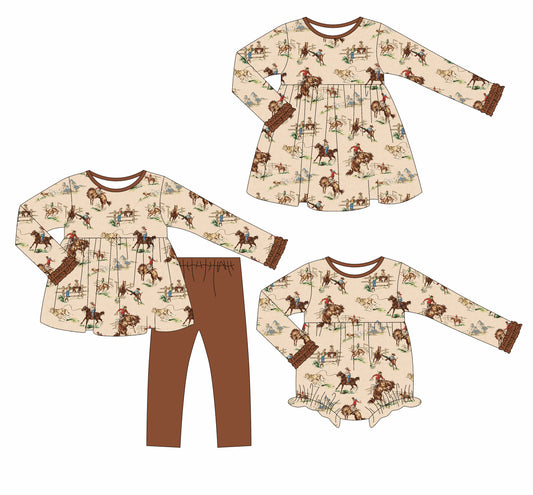 25.6.10 custom each style moq 5eta 4-6week Sibling Sisters riding horse baby girl long sleeve pants sets and dress and rompers match family design