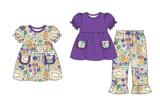 25.9.11 custom each style moq 5eta 4-6week Sibling Sisters mardi gras purple baby girl short sleeve pants sets and dress match family design