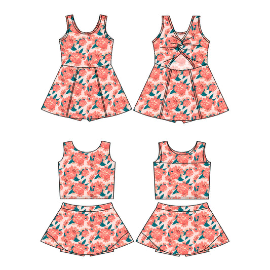 3.18 custom each style moq 5eta 4-6week Sibling Sister floral baby girls clothes Short sleeve yoga dress 1 and dress 2 match family design
