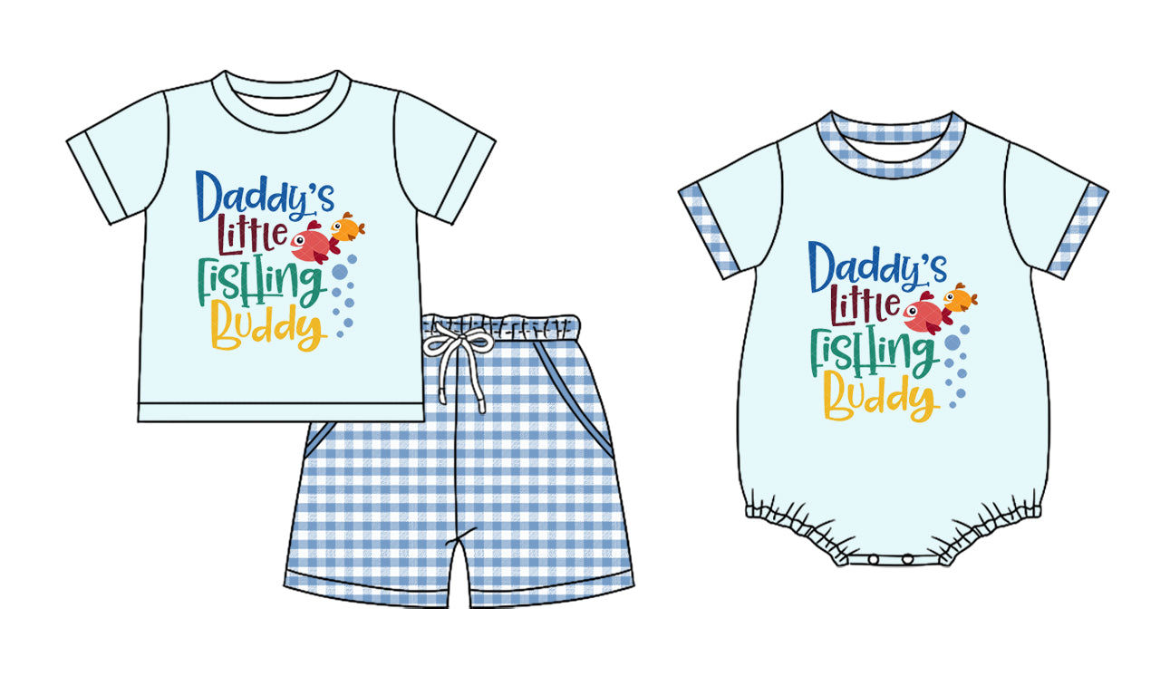 25.11.8 custom each style moq 5 eta 6-8 week Sibling Sister DADDY FISHING baby boy short sleeve shorts sets and boy rompers match family design