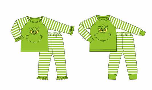25.8.14 custom each style moq 5eta 4-6week Sibling Sisters Christmas green baby boy long sleeve pants sets 2 match family design