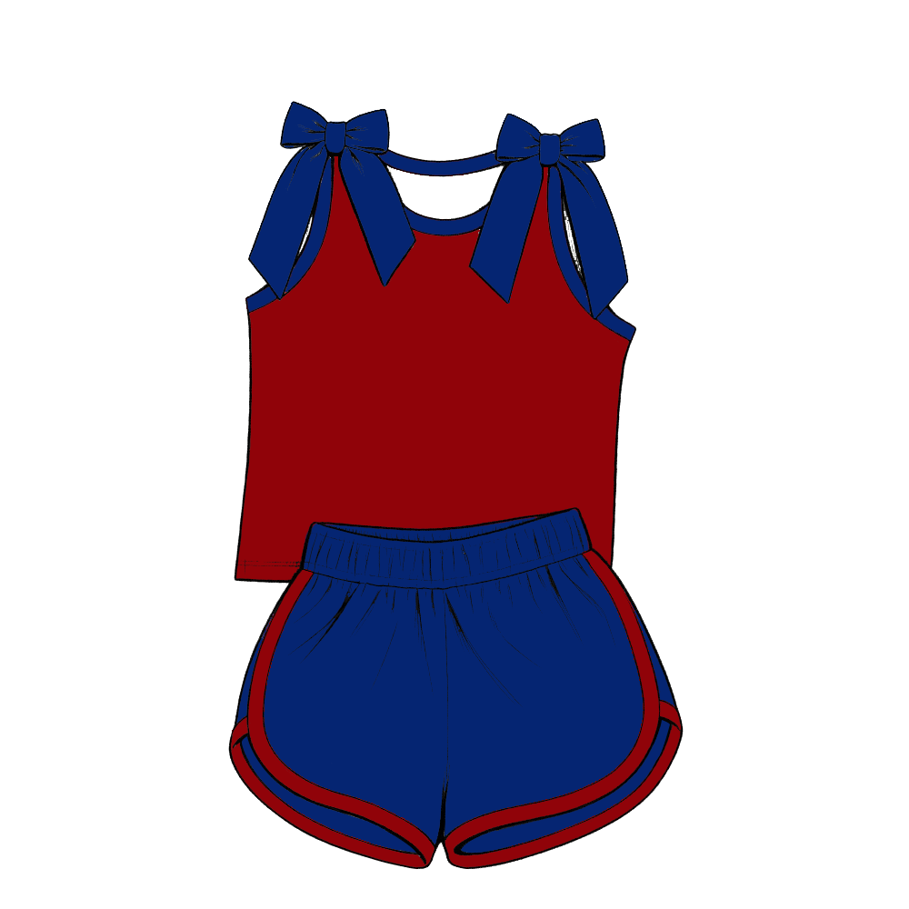 custom moq 5 mix size Baby Girls Blue Bow Sleeveless Top Shorts Summer Casual Clothes Set