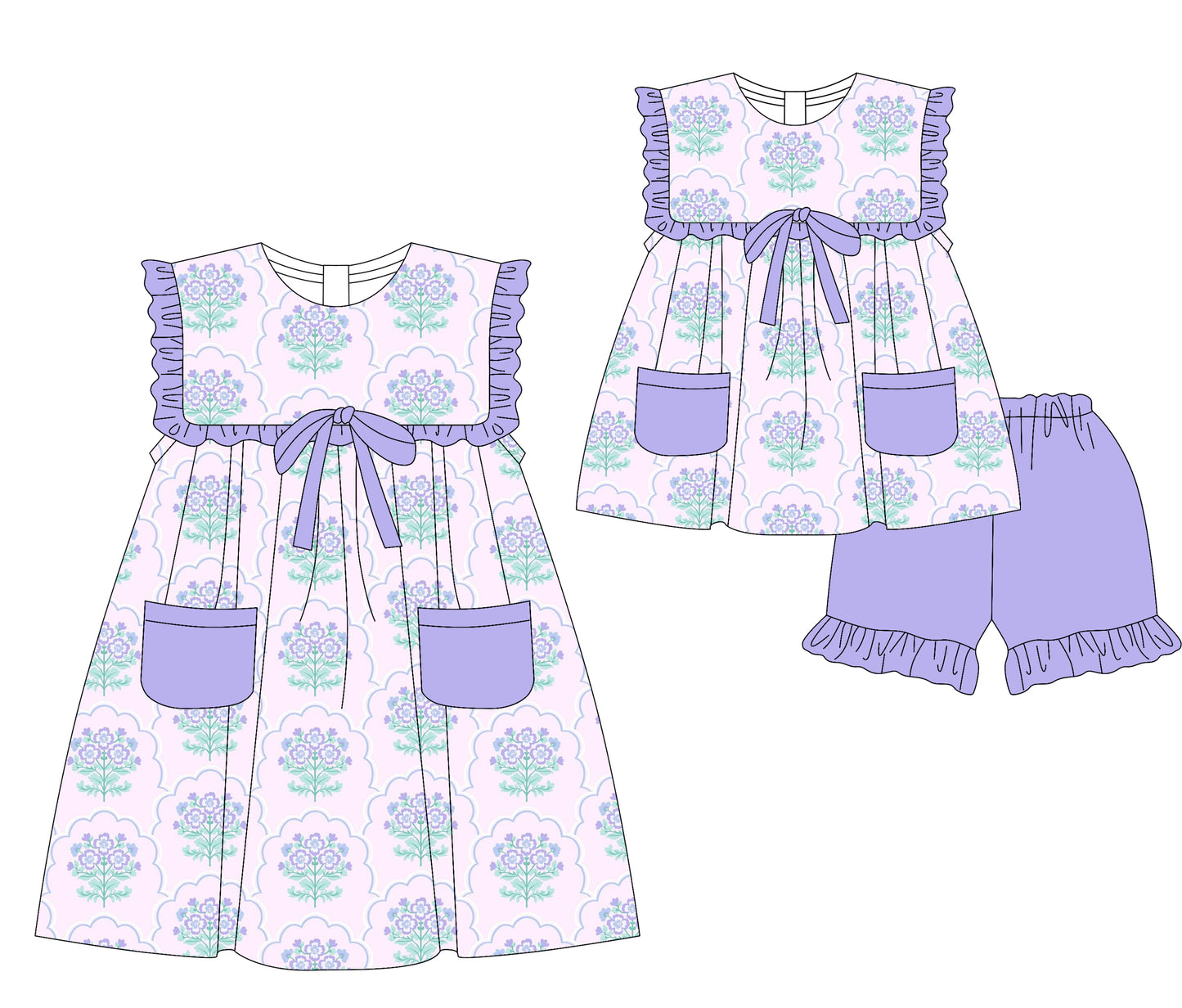 4.1 custom each style moq 5eta 4-6week Sibling Sister bow floral baby girl short sleeve shorts sets and dresses match design