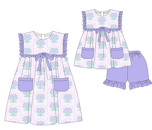 4.1 custom each style moq 5eta 4-6week Sibling Sister bow floral baby girl short sleeve shorts sets and dresses match design