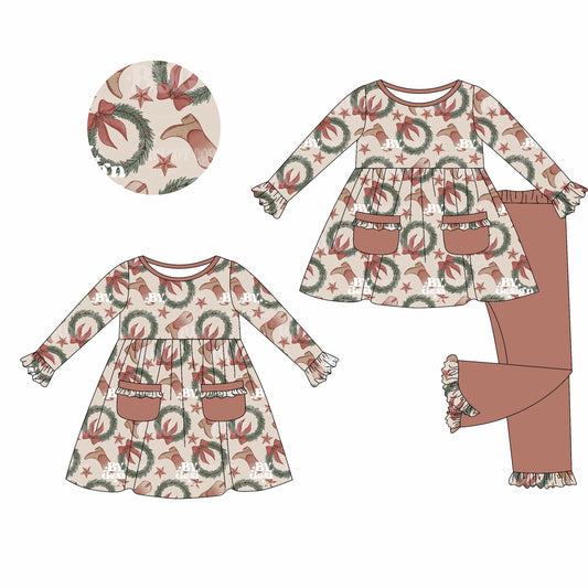 25.5.17 custom each style moq 5eta 4-6week Sibling Sisters boots bow baby girl long sleeve pants sets and dress match family design