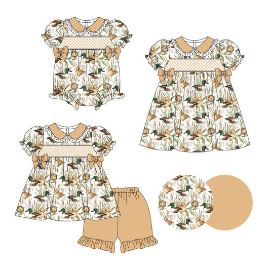 3.14 custom each style moq 5eta 4-6week Sibling Sisters duck baby girl short sleeve shorts sets and dress and rompers match family design