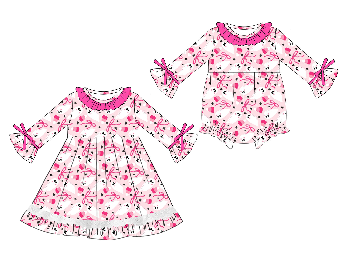 25.5.10 custom each style moq 5eta 4-6week Sibling Sisters ghost bow baby girl long sleeve dress and rompers match family design
