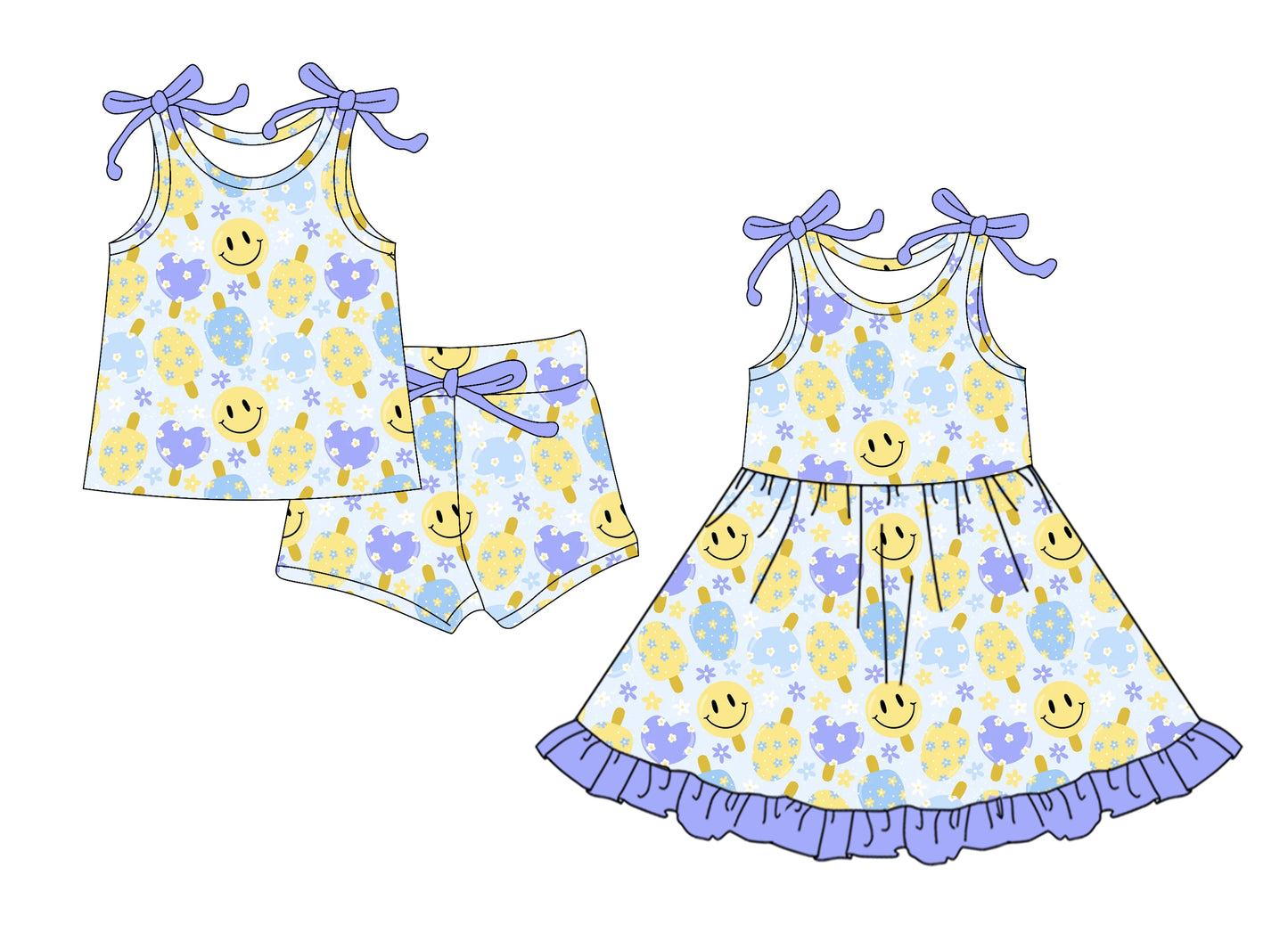 4.10 custom each style moq 5eta 4-6week Sibling Sister smiley baby girl short sleeve shorts sets and dresses match design