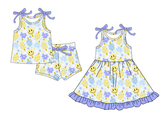 4.10 custom each style moq 5eta 4-6week Sibling Sister smiley baby girl short sleeve shorts sets and dresses match design
