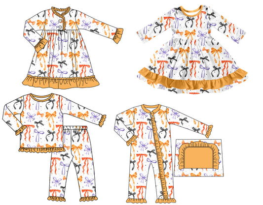 25.7.9 custom each style moq 5 eta 4-6week Sibling Sisters bow baby girl long sleeve pants sets and romper and dress 1 and dress 2 match family design