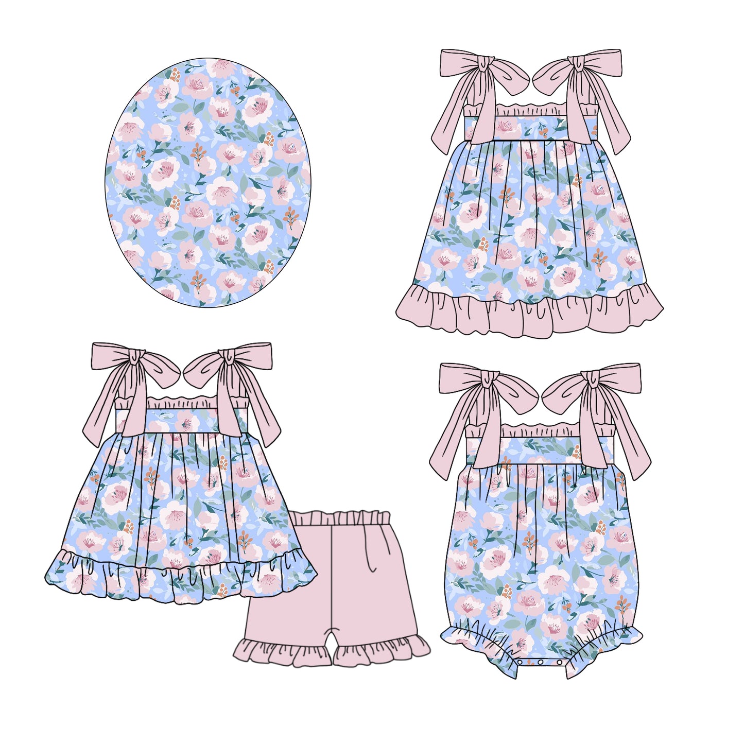 11.25 custom each style moq 5eta 4-6week Sibling Sister floral baby girl short sleeve shorts sets and dress and rompers match family design