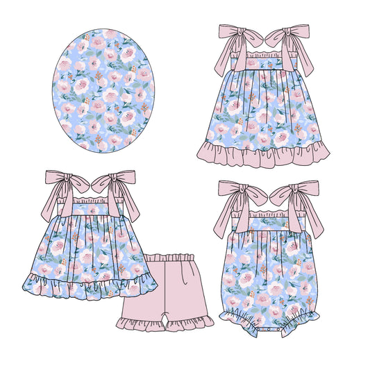 11.25 custom each style moq 5eta 4-6week Sibling Sister floral baby girl short sleeve shorts sets and dress and rompers match family design