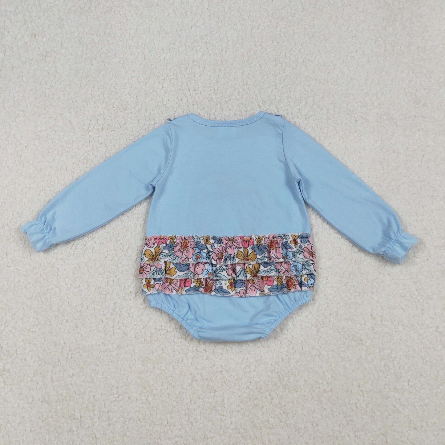 RTS NO MOQ（In Stock) LR2441 Embroidered pumpkin blue long-sleeved bodysuit with floral and bow pattern