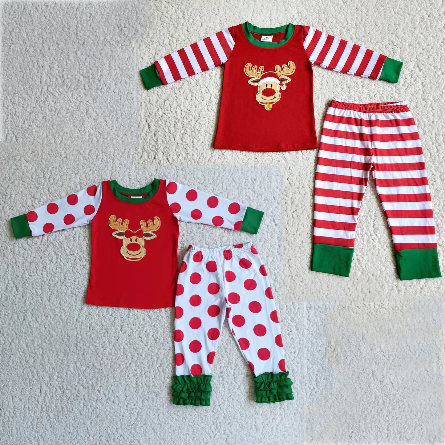 RTS NO MOQ Plush Christmas Elk Red Polka Dot Long Sleeve Suit & Striped Long Sleeve Suit