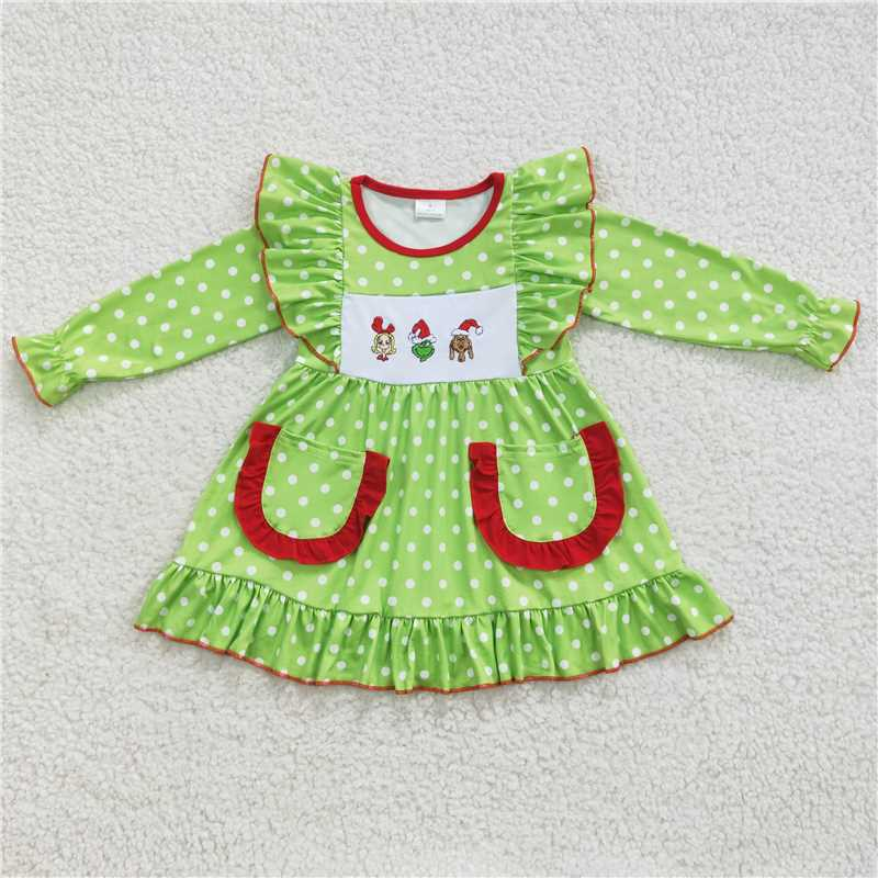 RTS NO MOQ（In Stock) GLD0217 Cartoon Embroidered Long-Sleeved Dress\