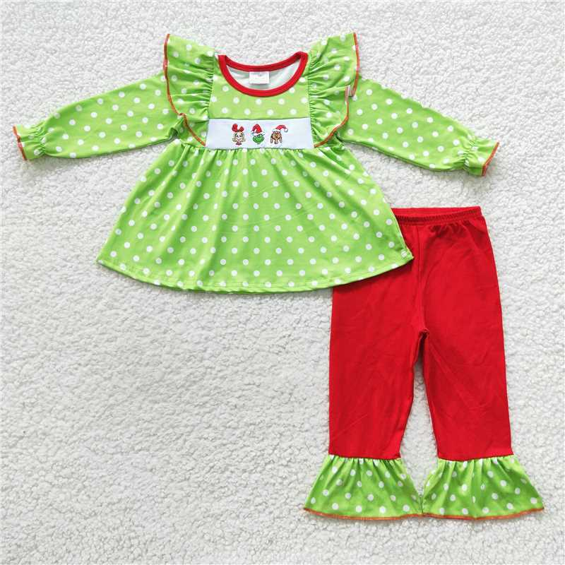 RTS NO MOQ（In Stock) GLP0494 Embroidered Christmas Long Sleeve Pants Set