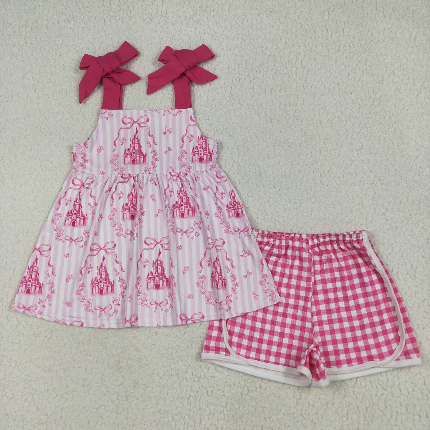 RTS NO MOQ Sibling Baby girls clothes casle pink suspender shorts suit & rompers