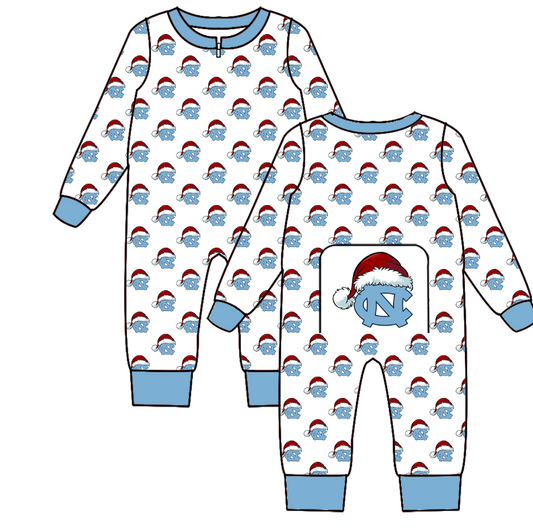 Custom moq 5 eta 6-8weeks  Christmas hat sky blue white teamlong sleeve boys  romper