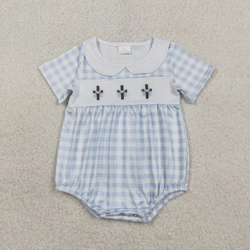 RTS NO MOQ Sibling Baby Kids Knee-Length Dress Rompers with Embroidery Crosses Easter Checked Collar for Boys And Girls