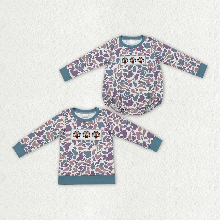 RTS NO MOQ  Purple camouflage long-sleeved top & romper with turkey print