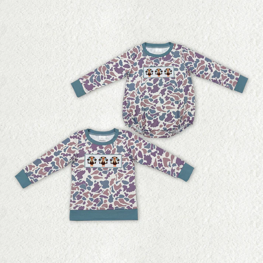 RTS NO MOQ  Purple camouflage long-sleeved top & romper with turkey print