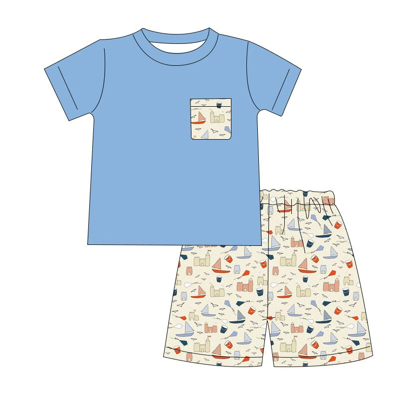 custom moq 5 eta 4-5 weeks baby boy clothes blue boat toddler boys summer outfit