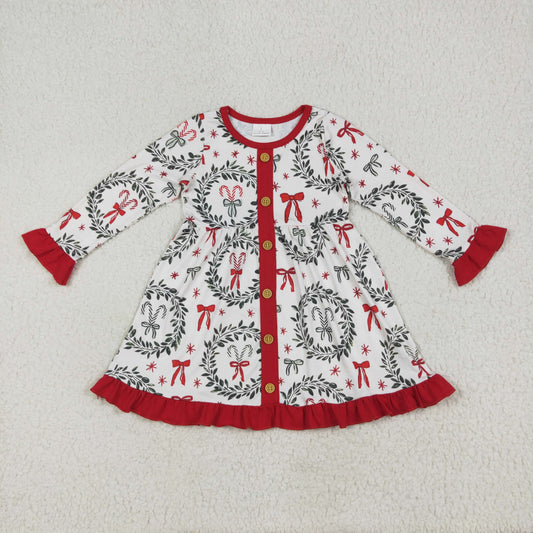 RTS NO MOQ（In Stock ) GLD1082 Christmas wreath bow pattern red lace button long-sleeved dress