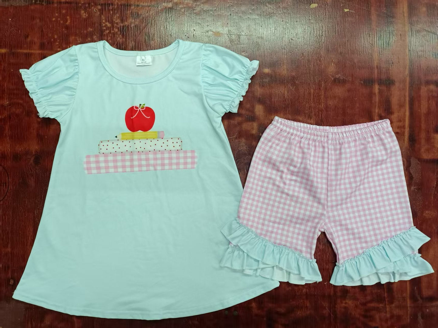 Custom moq 3 eta 6-7weeks baby girls clothes apple pencil short sleeve shorts sets-25.5.9