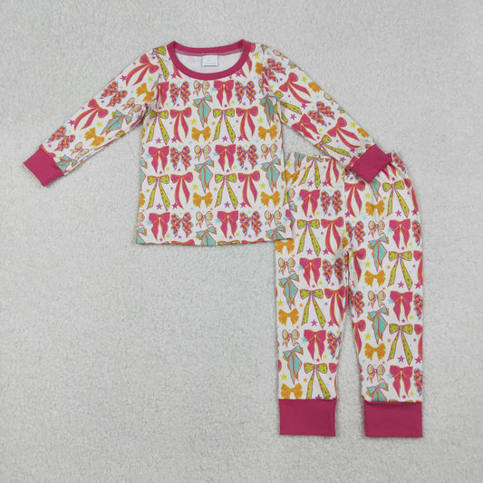 RTS NO MOQ（In Stock) GLP2615 Bow Pattern Star Rose Red Long Sleeve Pants Pajama Set