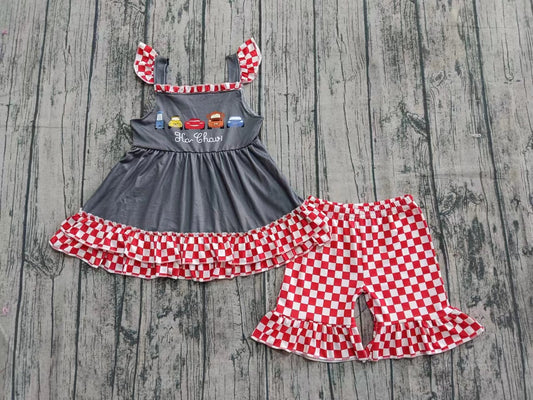 Custom moq 3 eta 6-7weeks baby girls clothes cars flying sleeve shorts sets-25.7.11