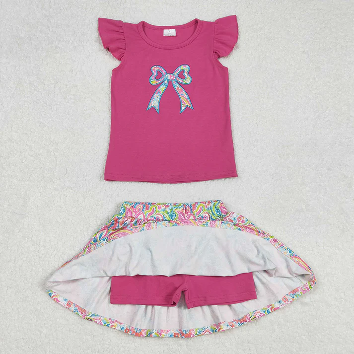 RTS NO MOQ baby Girls clothes embroidery floral pattern short sleeve skirts sets