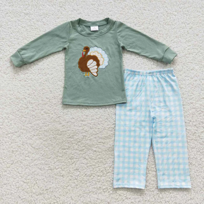 RTS NO MOQ Sibling Baby boy clothes Embroidery turkey long-sleeved trousers suits
