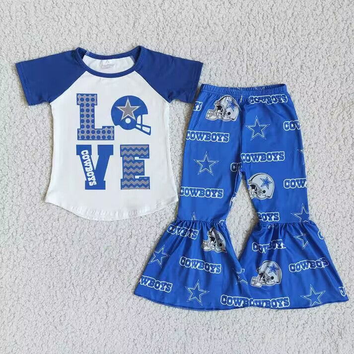 RTS NO MOQ Victory Sign-Heart-Five-Pointed Star Pattern Short Sleeve Flared Pants Suit
