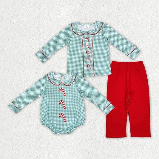 RTS NO MOQ Baby Boys Christmas Candy Cane Sibling Rompers Outfits Clothes Sets