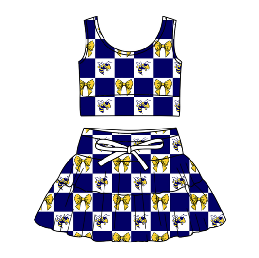 Custom moq 3 or 5 mix size milk silk summer teams baby girl clothes bow blue sleeveless skirts sets