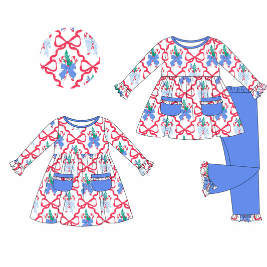 25.5.20 custom each style moq 5eta 4-6week Sibling Sisters Christmas bow trees baby girl long sleeve pants sets and dress match family design