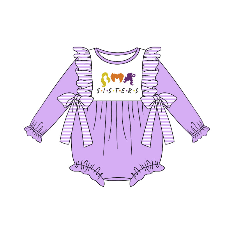 5.8custom each style moq 5eta 4-5week Sibling Sister SISTERS prints purple girls outfits and baby romper and dress match family design