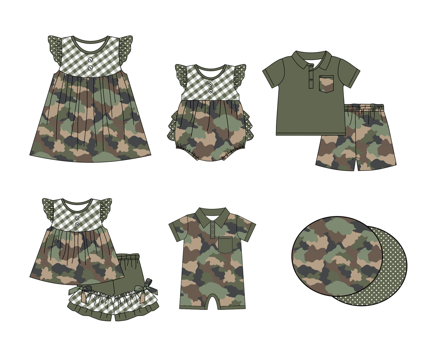 11.2 custom each style moq 5eta 4-6week Sibling Sister camouflage baby girl short sleeve shorts sets and briefs sets 2 and girls romper and boy romper and dress match design