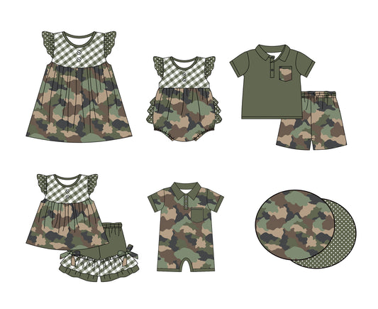 11.2 custom each style moq 5eta 4-6week Sibling Sister camouflage baby girl short sleeve shorts sets and briefs sets 2 and girls romper and boy romper and dress match design