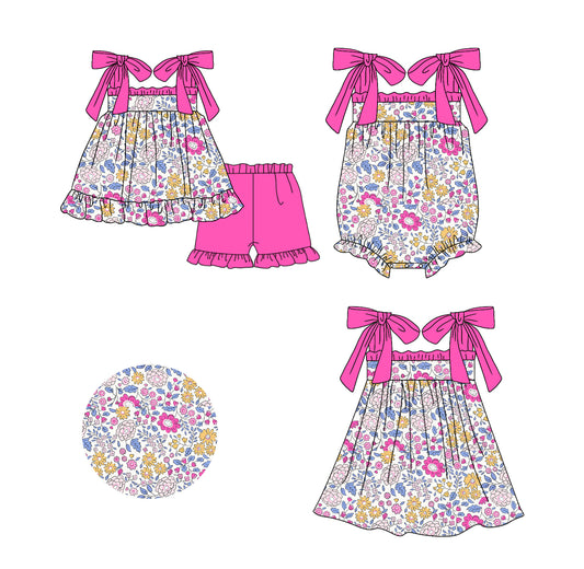 11.15 custom each style moq 5eta 4-6week Sibling Sister floral baby girl short sleeve shorts sets and dress and rompers match family design