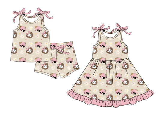 4.8 custom each style moq 5eta 4-6week Sibling Sister baseball bow baby girl short sleeve shorts sets and dresses match design