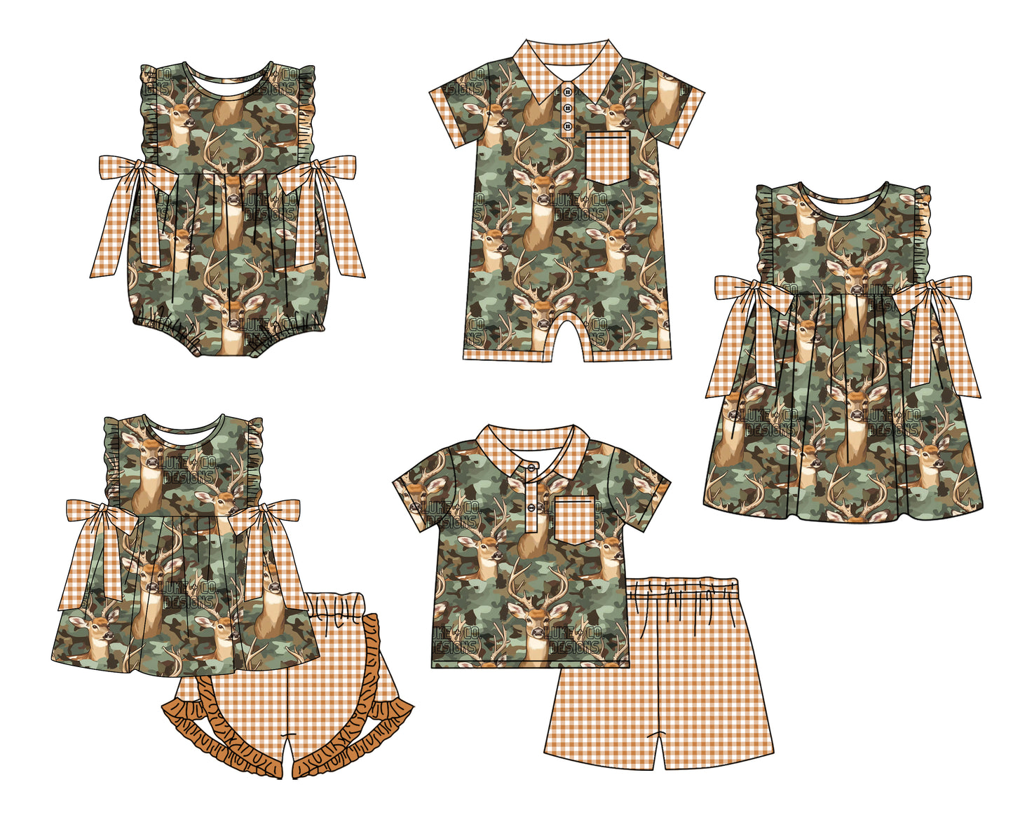 11.22 custom each style moq 5eta 4-6week Sibling Sister camouflage deer baby girl short sleeve shorts sets and sets 2 and girls romper and boy romper and dress match design
