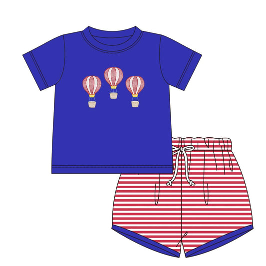 5.18custom each style moq 5eta 4-5week Sibling Sister Hot air balloon print blue short sleeves with red striped shorts girls and boys outfits and baby romper match family design