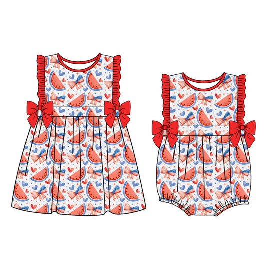 25.12.26 custom each style moq 5 eta 6-8week Sibling Sister bow flag baby short sleeve romper and dress match design