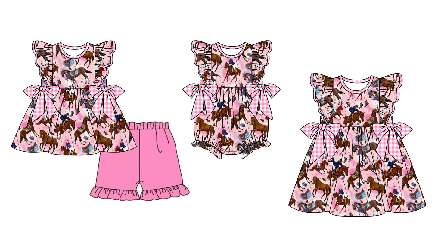 12.5 custom each style moq 5eta 4-6week Sibling Sister horse baby girl short sleeve shorts sets and dress and rompers match family design